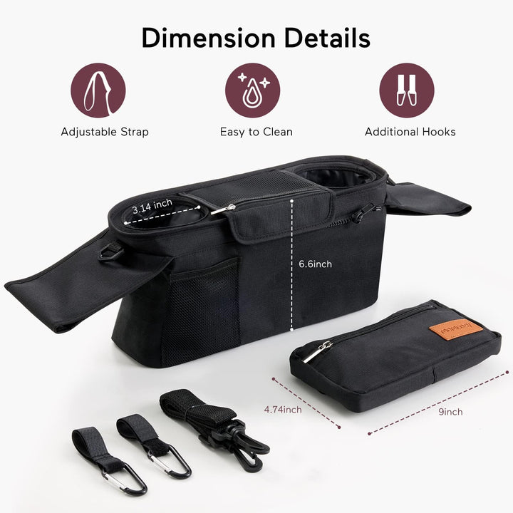 Stroller Organizer with Insulated Cup Holders, Detachable Phone Bag& Shoulder Strap, Fits for Universal Stroller Like Uppababy, Baby Jogger, Britax, Bugaboo, BOB, Umbrella and Pet Stroller