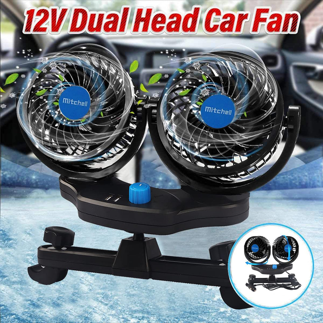 12 Volt Car Fan for Back Seat, Portable Car Seat Fan car essentials, Headrest 360°Rotatable Dual Head Cooling Fan with 2 USB Charging Port & Cigarette Lighter Plug for Vehicles, SUV, RV, Boat