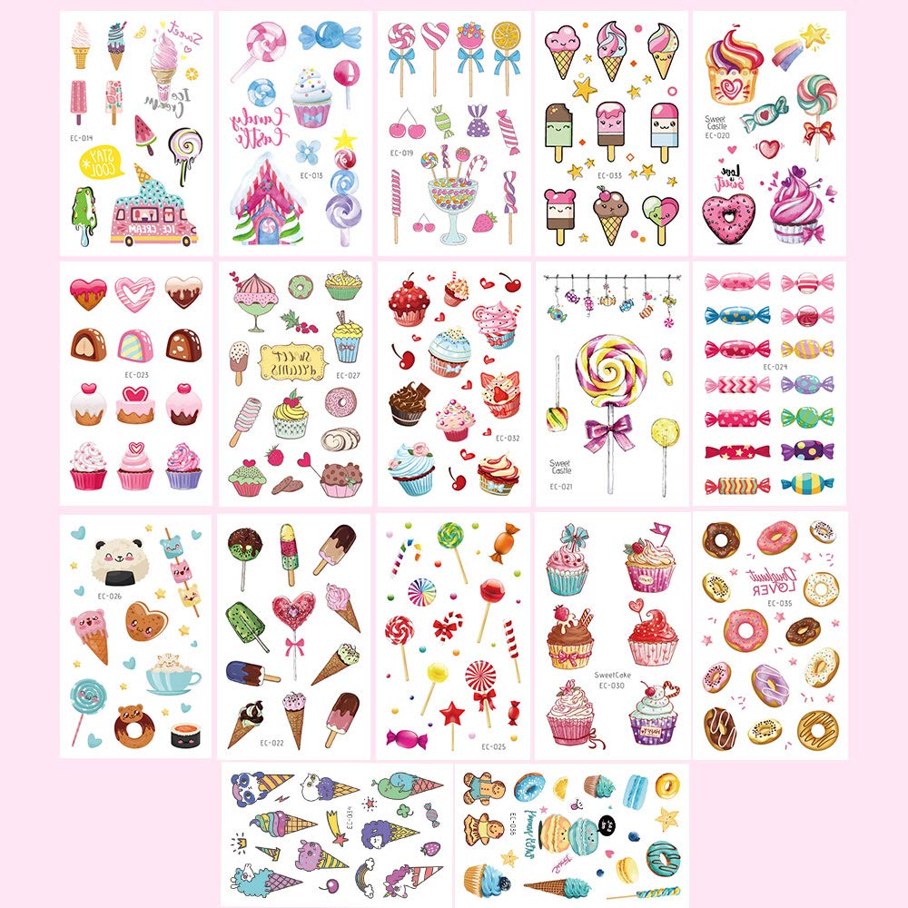 Ice Cream Temporary Tattoos for Kids 180PCS - Ice Cream, Lollies, Cookie, Cake Tattoo Stickers - Sweet Summer Tattoos Sticker for Girl Birthday Party Decorations Supplies Favors(17 Sheets)