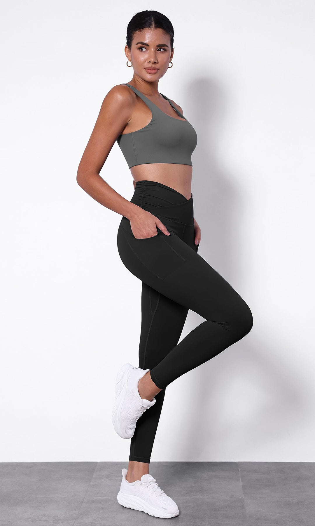 Women's Cross Waist Full Length Yoga Leggings with Pockets, Inseam 28 Gathered Crossover Workout Yoga Pants, Black, X-Small