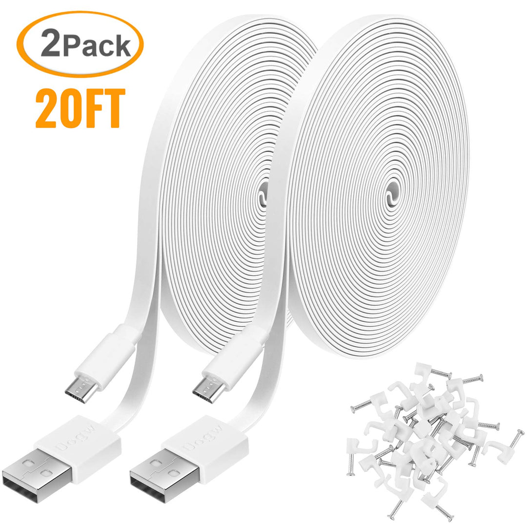 2 Pack 20FT Power Extension Cable Compatible with WyzeCam,Wyze Cam Pan,WYZE Cam OG,NestCam Indoor,Blink,Amazon Cloud Camera,USB to Micro USB Durable Charging and Data Sync Cord(White)