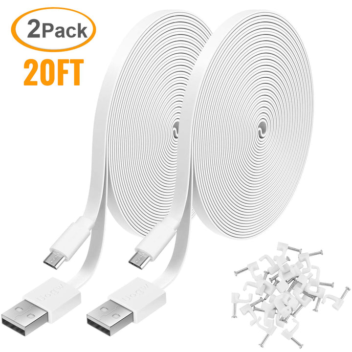 2 Pack 20FT Power Extension Cable Compatible with WyzeCam,Wyze Cam Pan,WYZE Cam OG,NestCam Indoor,Blink,Amazon Cloud Camera,USB to Micro USB Durable Charging and Data Sync Cord(White)