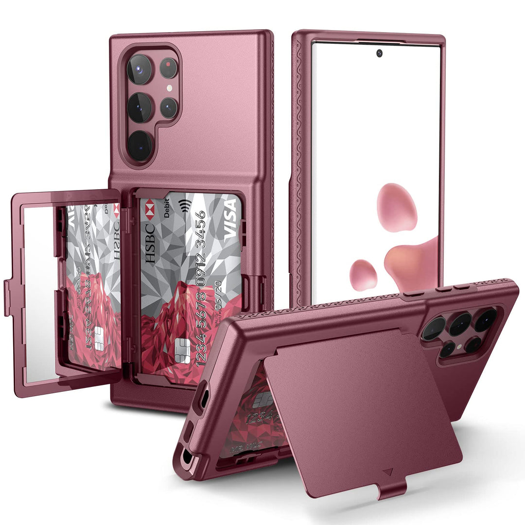 for Samsung Galaxy S22 Ultra Wallet Case with Credit Card Holder & Hidden Mirror, All-Round Protection Shockproof Phone Cover Designed for Samsung Galaxy S22 Ultra, 6.8 Inch Burgundy