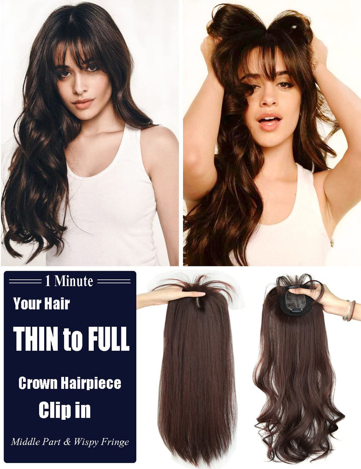 50cm Long Seamless Nature Look Clip in Hairpiece with Side-Fringe Extension Forehead Topper for Women with Thinning Hair Straight Black