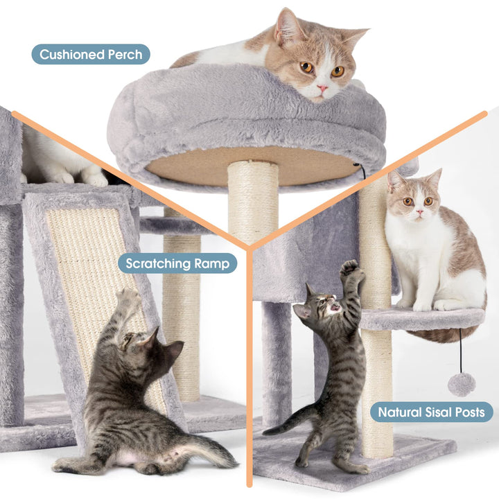59 Multi-Level Cat Tree Cat Tower for Indoor Cats, Tall Plush Rest Area with Spacious Cat Condos, Scratching Posts with Hammock Basket and Hanging Toy, Cat Furniture with House for Rest & Fun
