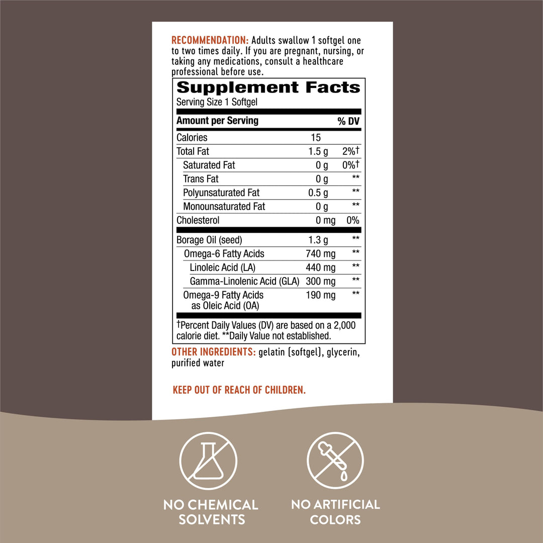 Nature's Way Borage Oil, Cold Pressed & Unrefined, GLA Supplement, 1300mg Per Serving, 60 Softgels