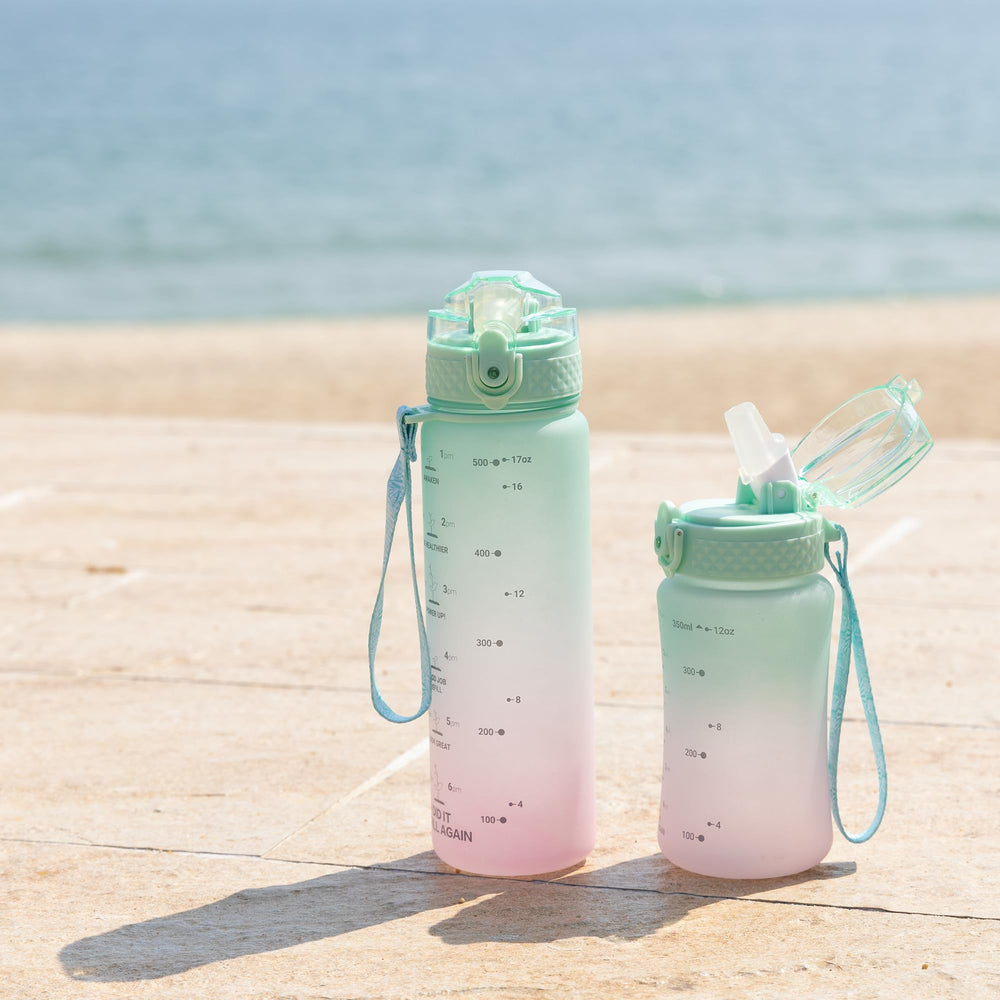 Kids Water Bottle for School, 12 oz (2 lids) BPA-Free Reusable Leak-proof Durable Tritan Plastic Water Bottles with Straw & Chug Lids, Anti-dust Spout Cover (Mintpink)