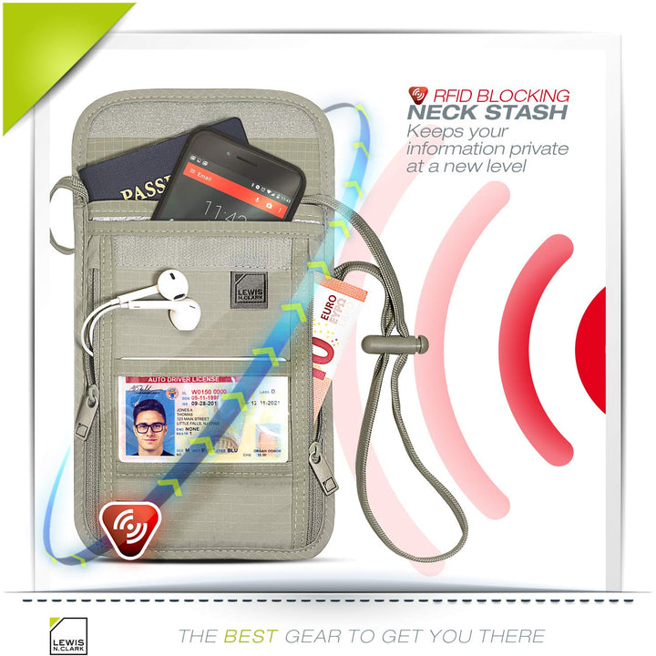 RFID Blocking Stash Neck Wallet, Travel Pouch + Passport Holder for Women & Men, Taupe, One Size