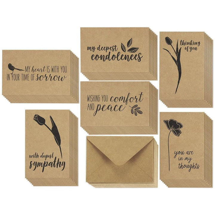 Sympathy Cards - 36-Pack Sympathy Cards Bulk, Greeting Cards Sympathy Kraft Paper, 6 Floral Bird Designs, Envelopes Included, Assorted Sympathy Cards, 4 x 6 Inches