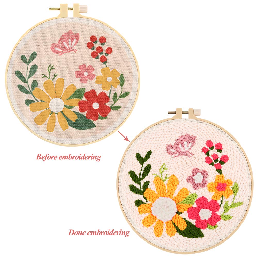 Punch Needle Embroidery Starter Kits for Kids and Adults Beginners, Include Instructions, Punch Needle Fabric with Floral Pattern, Yarns, Embroidery Hoops and Threader Tools