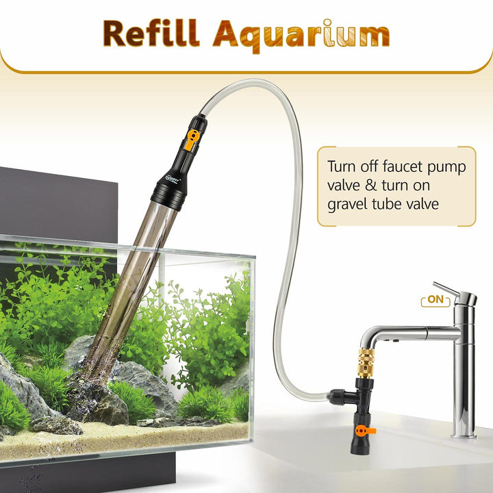 Bucket-Free Aquarium Water Change Kit Metal Faucet Connector Fish Tank Vacuum Siphon Gravel Cleaner with Long Hose 25FT Drain & Fill