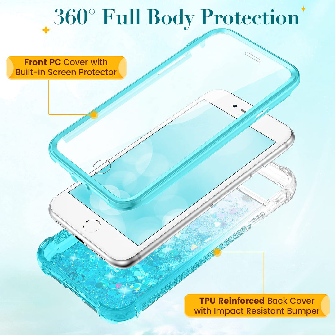 for iPhone 6 6s 7 8 Case, iPhone SE 2020 Case, Glitter Full Body Rugged Liquid Cover with Built-in Screen Protector Shockproof Heavy Duty Girls Women Case for iPhone SE 2022 4.7” (Gradient Teal)