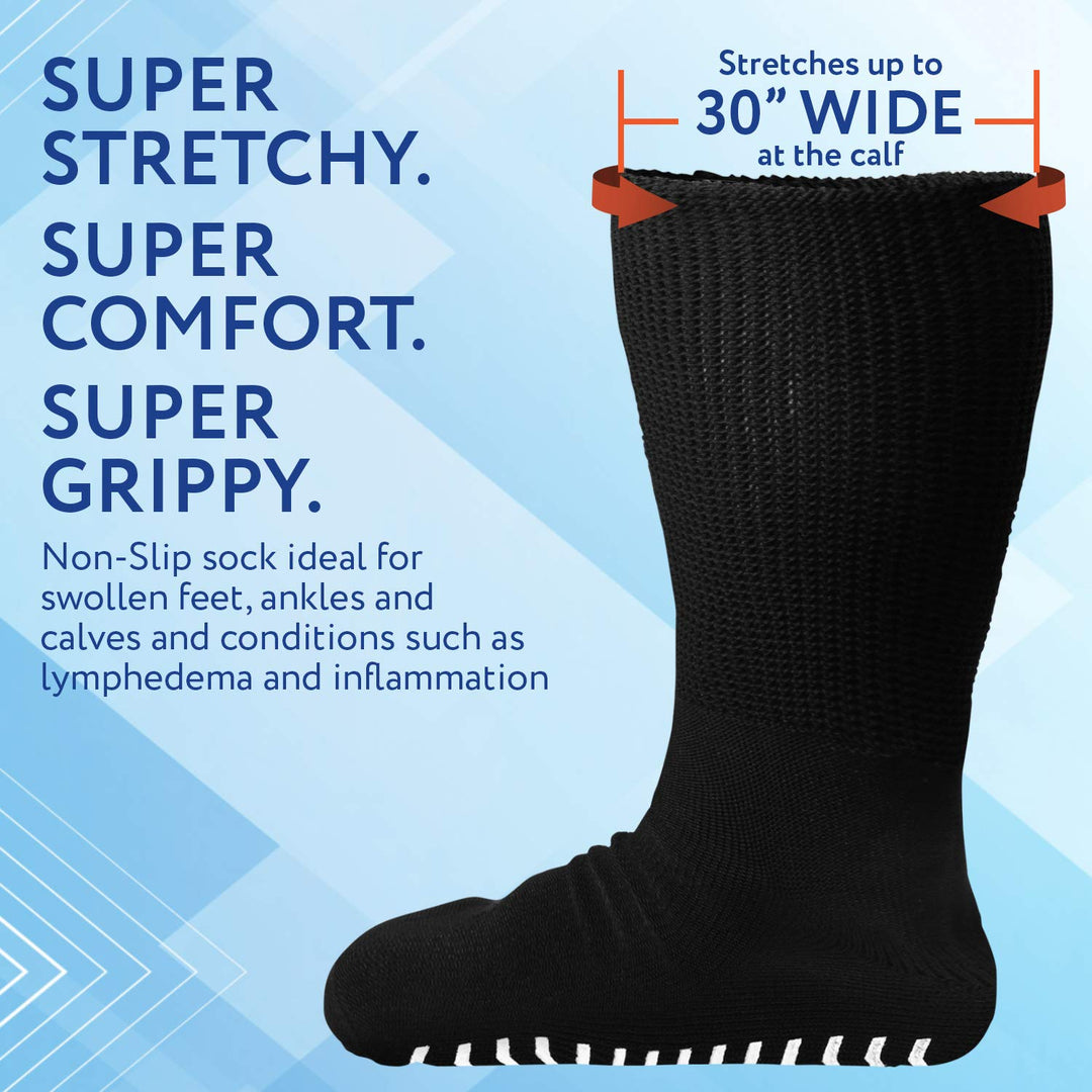 2 Pairs of Super Wide Socks With Non-Skid Grips for Lymphedema - Bariatric Sock - Oversized anti-slip Sock Stretches up to 30'' Over Calf for Swollen Feet & Mens & Womens Legs-One Size Unisex