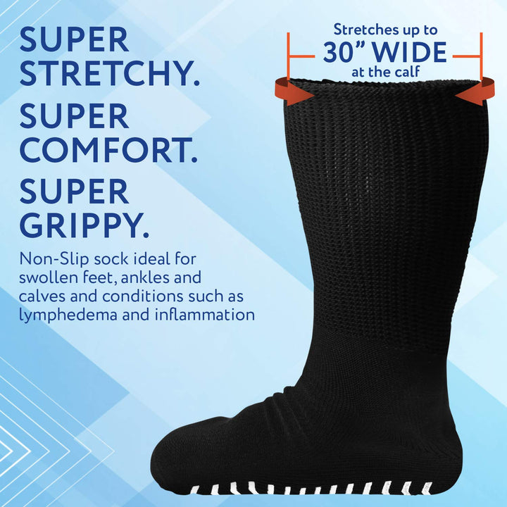 2 Pairs of Super Wide Socks With Non-Skid Grips for Lymphedema - Bariatric Sock - Oversized anti-slip Sock Stretches up to 30'' Over Calf for Swollen Feet & Mens & Womens Legs-One Size Unisex