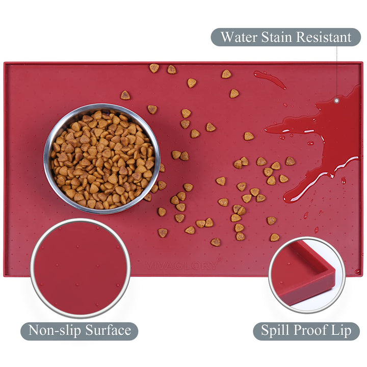 Pet Food Mat Silicone Dog Cat Bowl Mat Non-Stick Food Pad Small 19 x 12 Waterproof FDA Grade Pet Feeding Mat, Burgundy