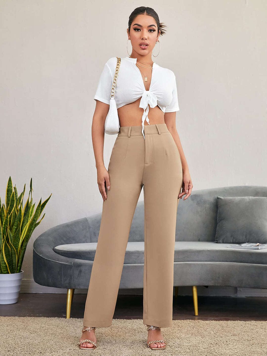 Women's Elegant High Waist Solid Long Pants Office Trousers Khaki S