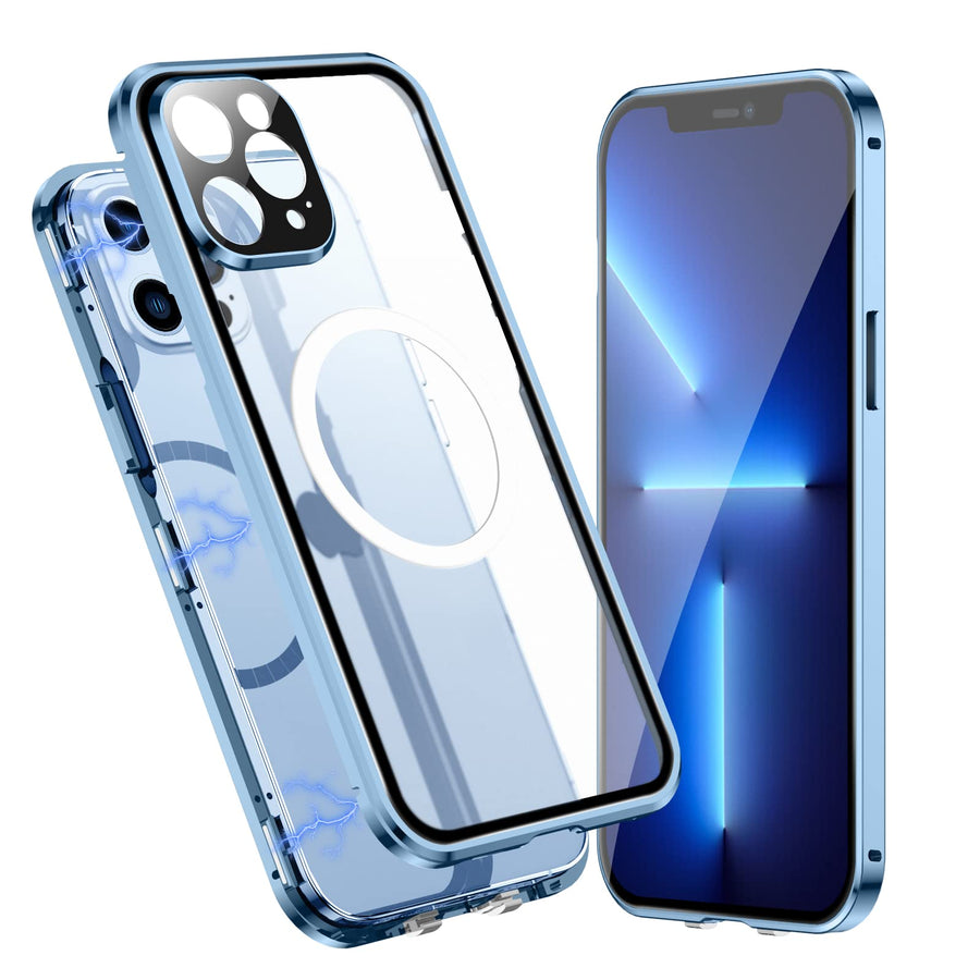 Case for iPhone 13 Pro Max, Compatible with Magsafe 360 Degree Full Body Protection Case Magnetic Attraction Metal Bumper+Front Glass+PC Back Cover for iPhone 13 Pro Max (6.7 inch) (Blue)