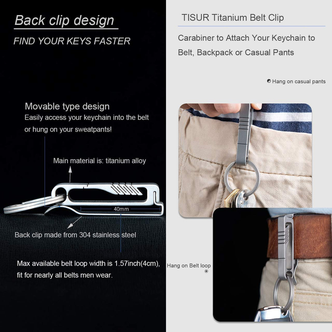 Belt Keychain Titanium Belt Loop Key Holder, Stainless Steel Back Clip, with Detachable Keyring for Men and Women