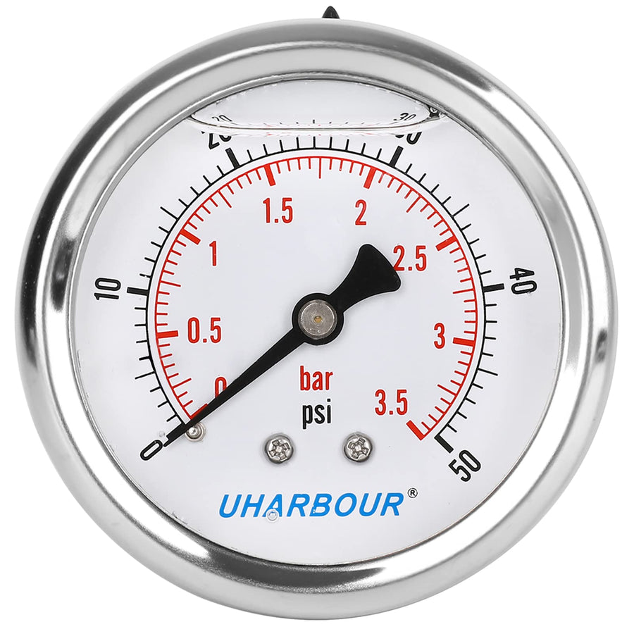 UHARBOUR Glycerin Filled Low Pressure Gauge 50psi/3.5bar, Stainless Steel case, Brass Inside Construction, 2-1/2 dial, 1/4NPT Back Connection.…