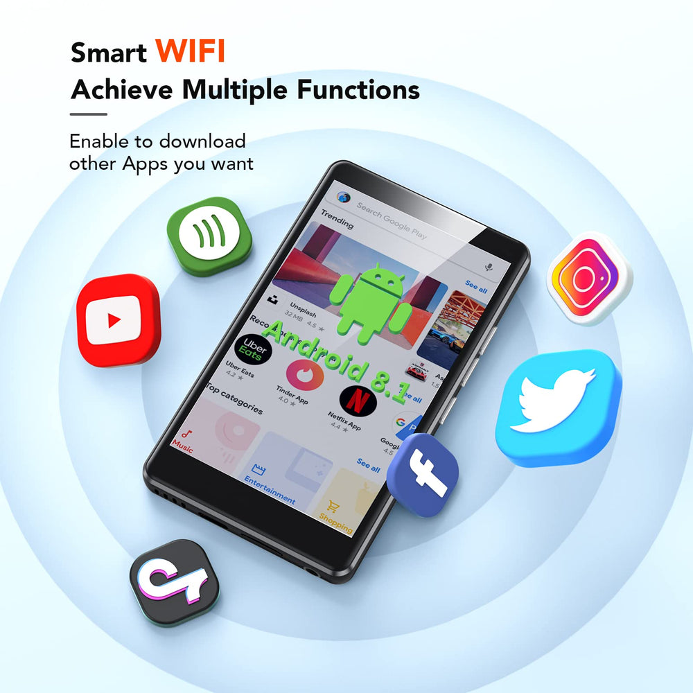 T06S WiFi MP3 Player with Bluetooth and 5MP Camera, 4 inch Touch Screen 16GB MP4 Player Lossless Music Player, Support APPs, Spotify, Browser