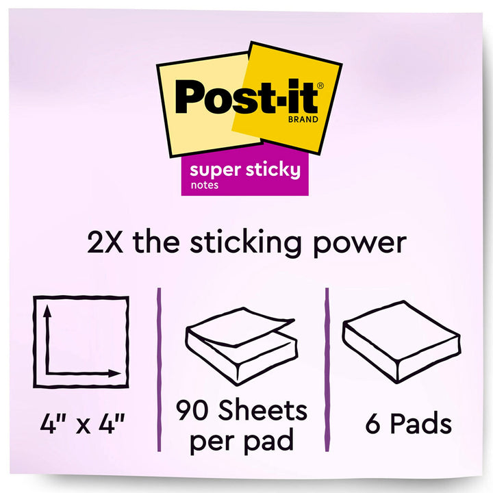 Super Sticky Recycled Notes, 4x4 in, 6 Pads, 2x the Sticking Power, Bali Collection, Pastel Colors (Lavender, Apricot, Blue, Pink, Mint), 30% Recycled Paper (675-6SSNRP)
