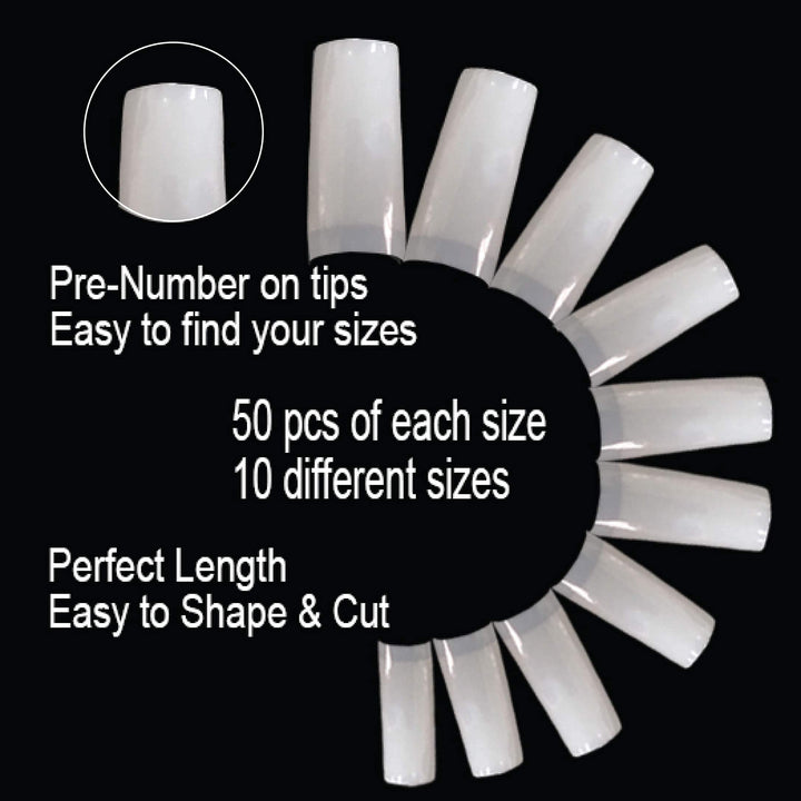 2PACK Natural/Clear Royal Salon 500 Acrylic False Fake Gel Nail Tips (Total 1000Tips) 10Sizes With Clear Acrylic Case For Nail Salon Nail Shop (Royal Salon)
