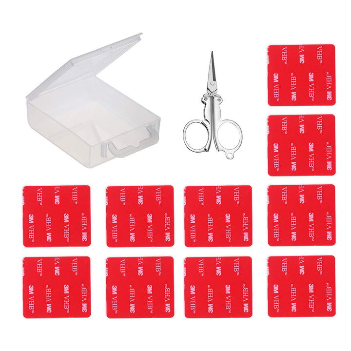 3M Double Sided Adhesive Tape Pads 10 PCS Multipurpose 3M VHB Sticky Adhesive Pads Replacement Mounting Tape with Stainless Steel Folding Scissors and Storage Box - 1.96 in x 1.57 in