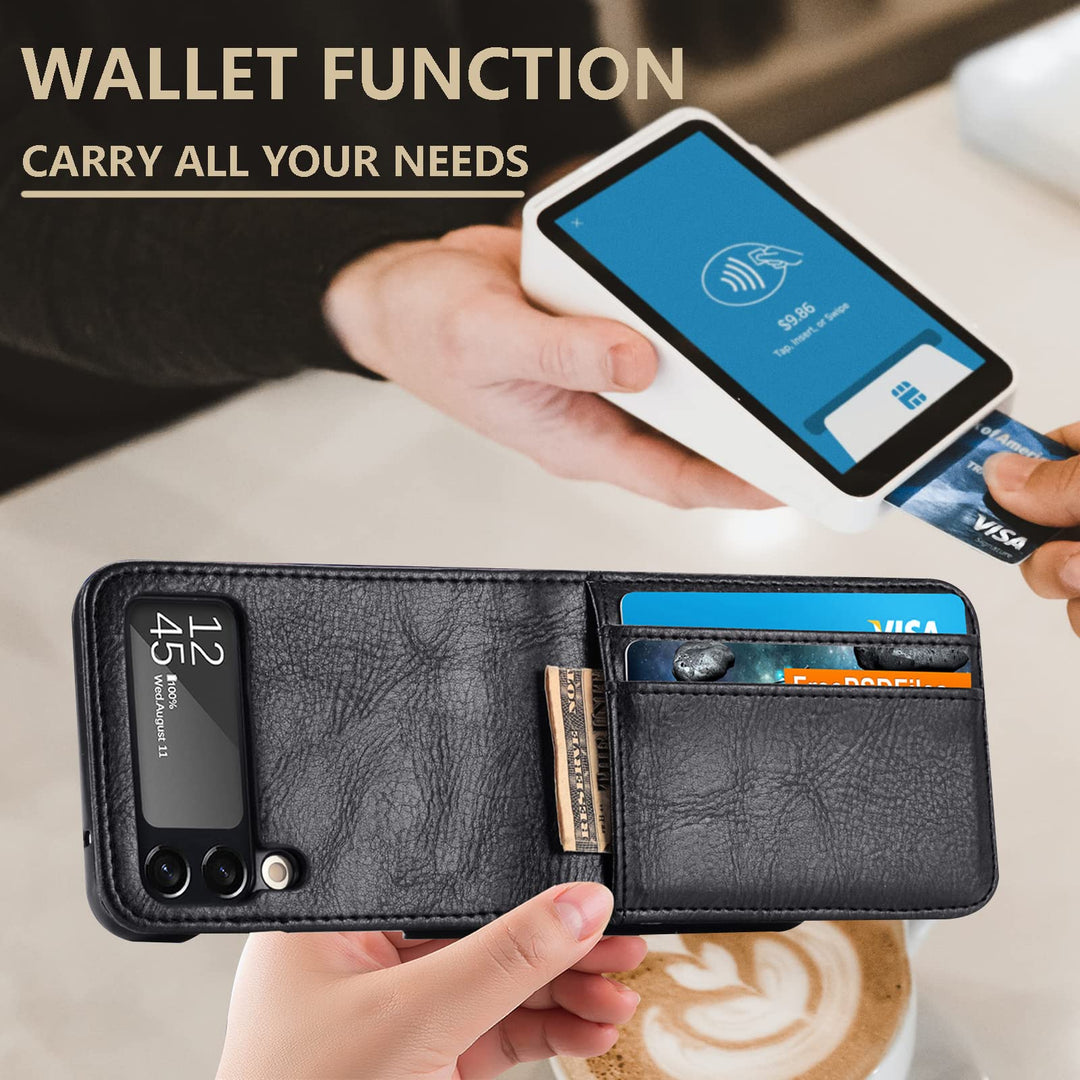 for Samsung Galaxy Z Flip 3 Case Wallet Case with Card Holder, Slim Fit Premium PU Leather + Hard PC Protective Flip Phone Cover for Samsung Galaxy Z Flip 3 5G 2021 - Black
