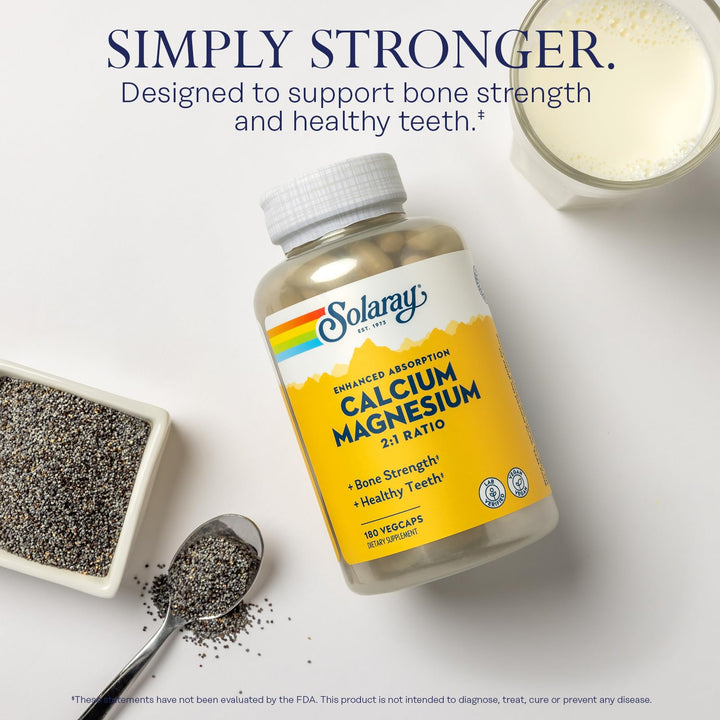 Calcium Magnesium Supplement, Magnesium & Calcium Supplements for Women and Men, 2:1 Ratio, Bone Health & Strength, Vegan, High Absorption, 60-Day Guarantee, 45 Servings, 180 VegCaps