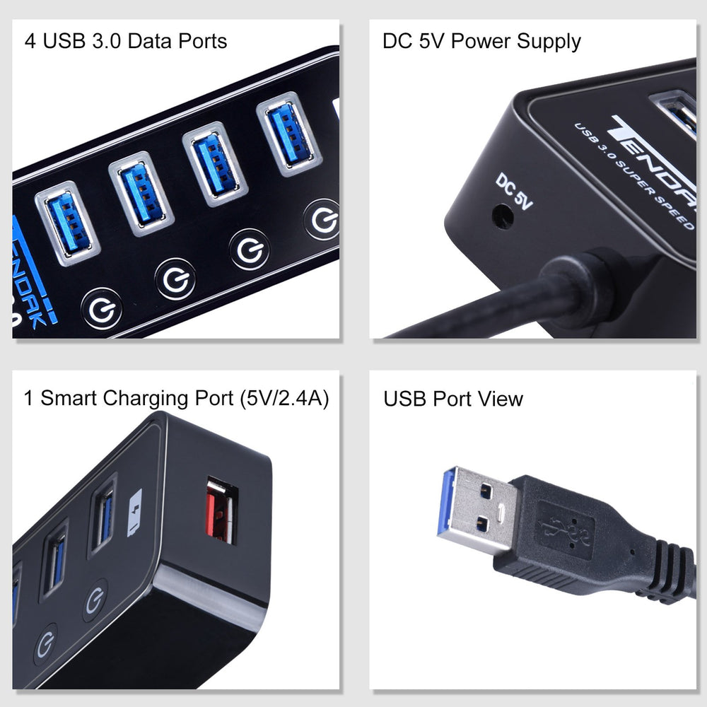USB 3.0 Hub - USB Hub with 4 USB 3.0 Data Ports + 1 USB Smart Charging Port and Power Supply Adapter with Individual On/Off Port Switches for MacBook, Mac Pro, HDD