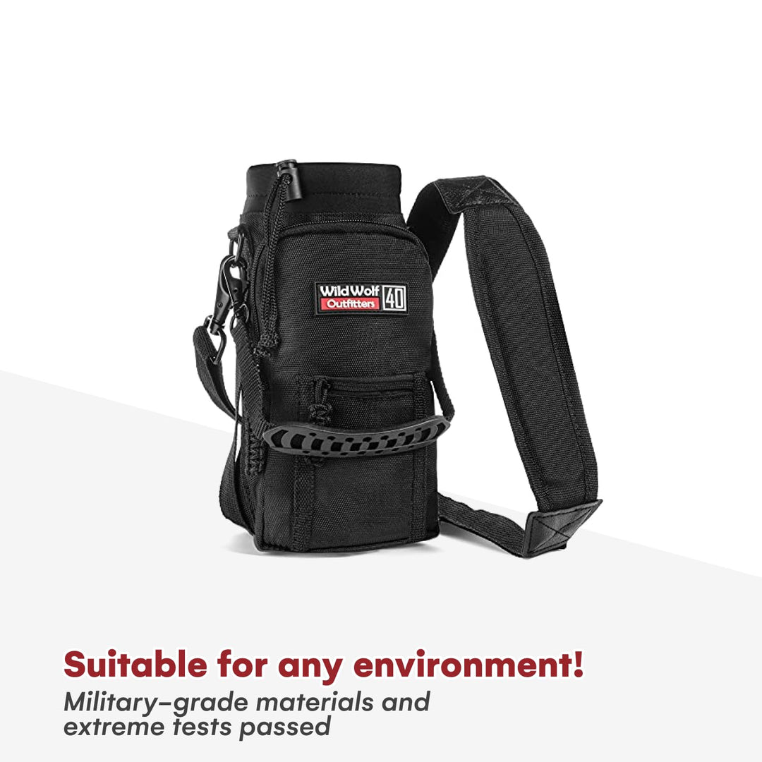 Water Bottle Holder for 40oz Bottles Black - Carry, Protect and Insulate Your Best Flask with This Military Grade Carrier w/ 2 Pockets & an Adjustable Padded Shoulder Strap