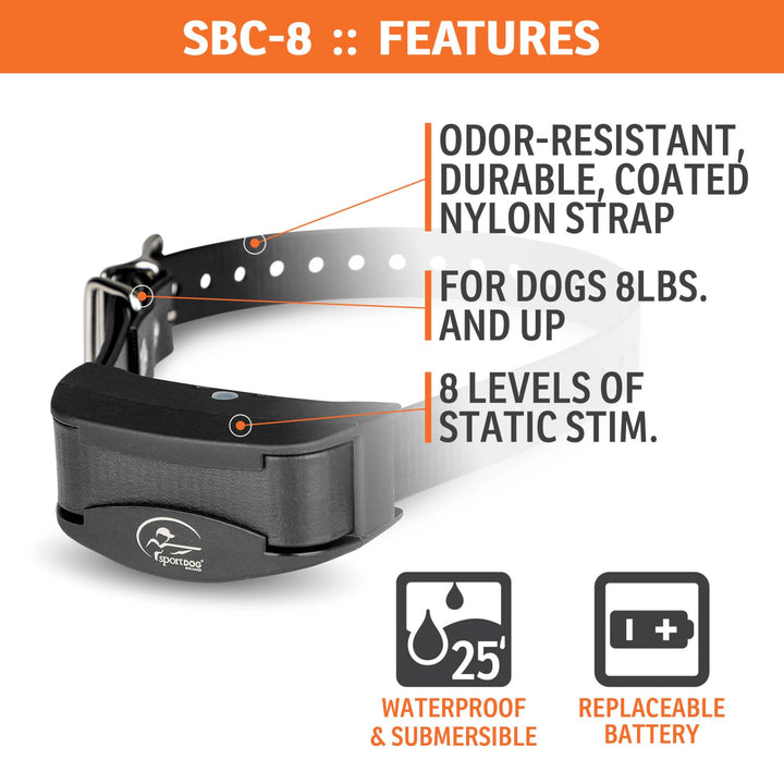 Brand NoBark SBC-8 Bark Control Collar - Static Collar with Progressive Correction - Waterproof - Static Stimulation - Dogs 8 lbs & up