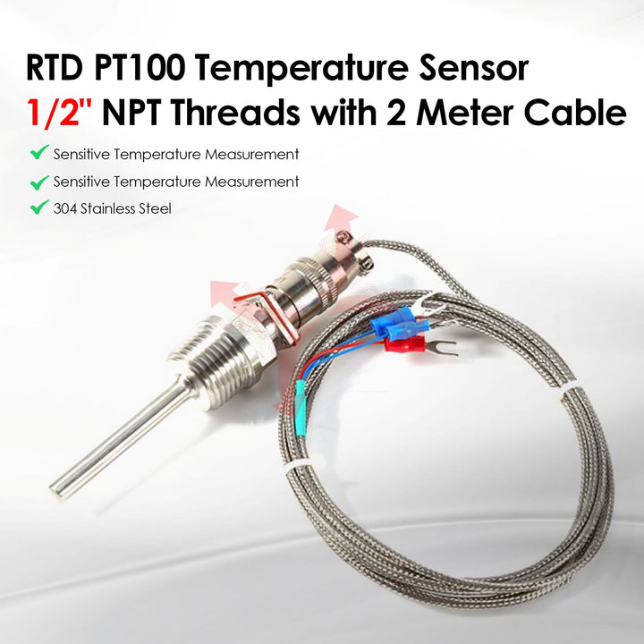 RTD Pt100 Temperature Sensor Probe 1/2 NPT Thread 3 Wires 2M 6.6 ft Cable Stainless Steel Probe -50 to 300