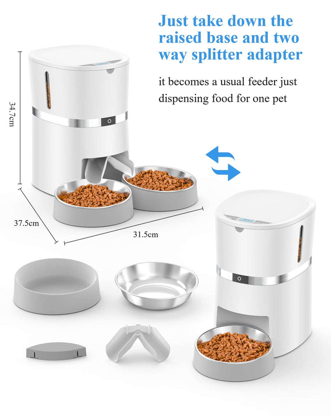 Automatic Cat Feeder, Pet Feeder Food Dispenser for Cat & Small Dog with Two-Way Splitter and Double Bowls, up to 6 Meals with Portion Control, Voice Recorder - Battery and Plug-in Power
