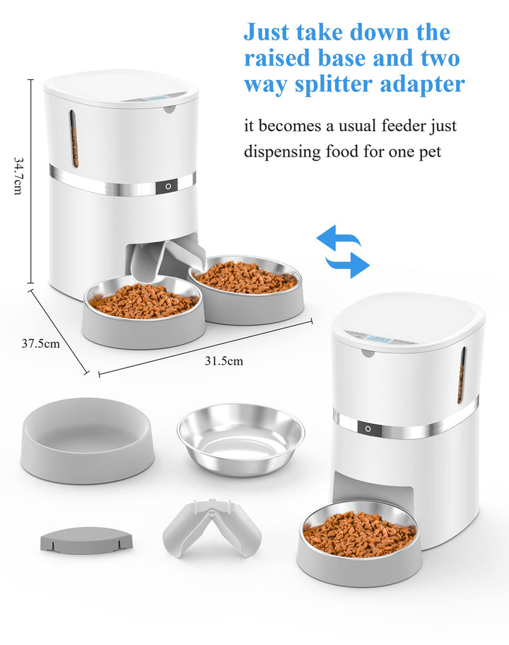 Automatic Cat Feeder, Pet Feeder Food Dispenser for Cat & Small Dog with Two-Way Splitter and Double Bowls, up to 6 Meals with Portion Control, Voice Recorder - Battery and Plug-in Power