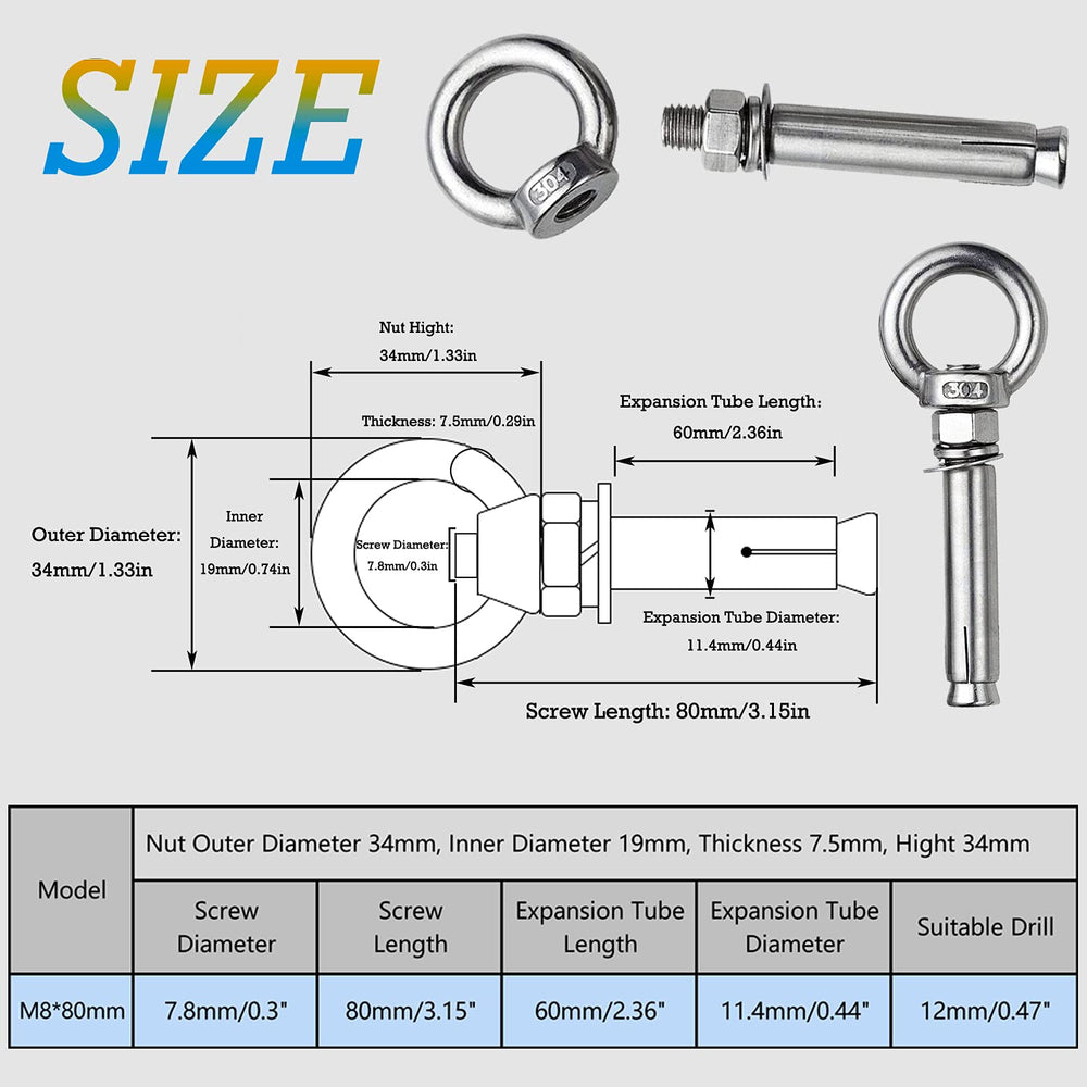 ,Eyebolt Bolt Stainless Steel Wall Concrete Brick Anchor Expansion Bolts Ring Screw Eyes, Heavy Duty Anchor Fastener Eye Bolt (M8, 8 Pcs)