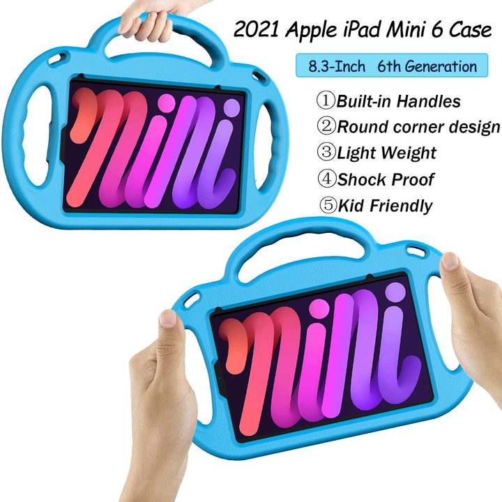 Kids Case for 2024 iPad Mini 7 & 2021 iPad Mini 6, Shockproof Handle Stand Shoulder Strap Kids Bumper Case for iPad Mini Tablet, Blue