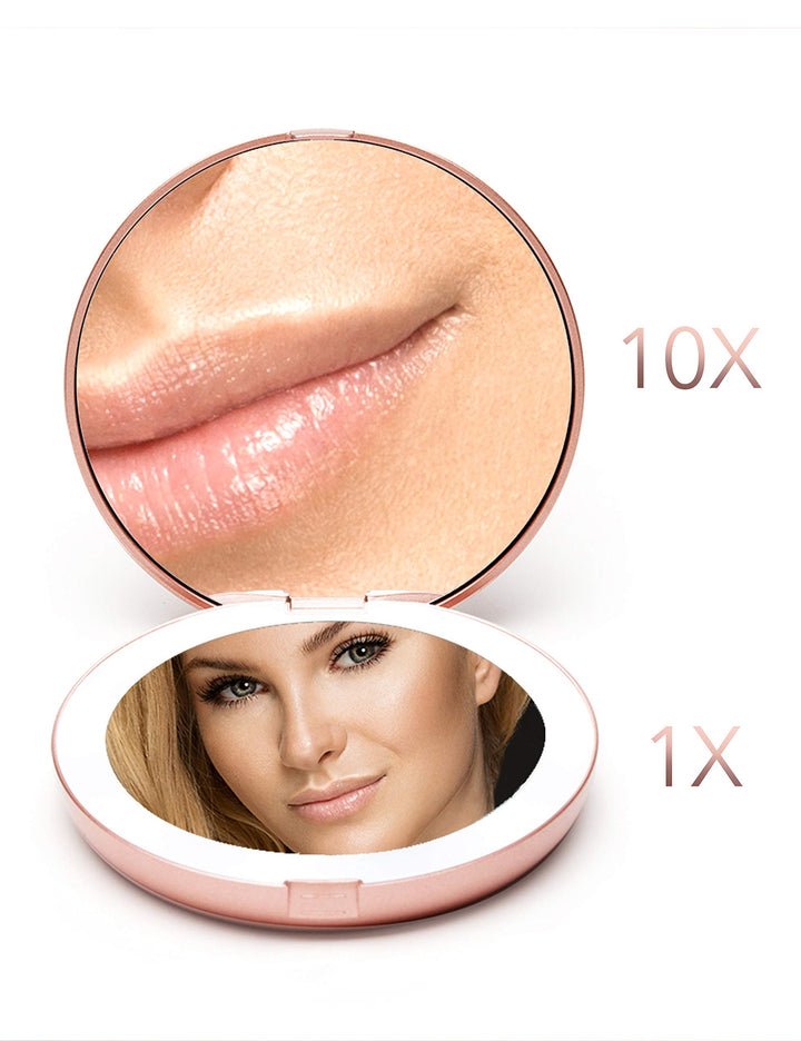 LED Lighted Travel Makeup Mirror, 1x/10x Magnification - Daylight LED, Compact, Portable, Large 5 Wide Illuminated Folding Mirror (Lumi) Rose Gold