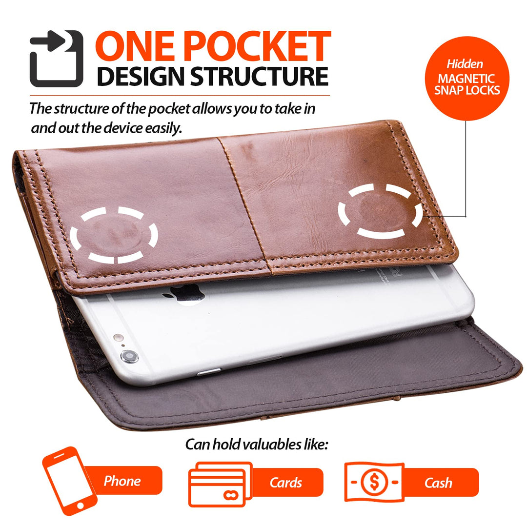 Horizontal Leather Cell Phone Holster with Belt Loop Fits for iPhone 16 Pro Max 15 Plus 14 Pro Max Samsung Galaxy A55 S23 Ultra Note 9 8 Google Pixel 8 Pro Pouch Belt Case Phone Holder (Brown)