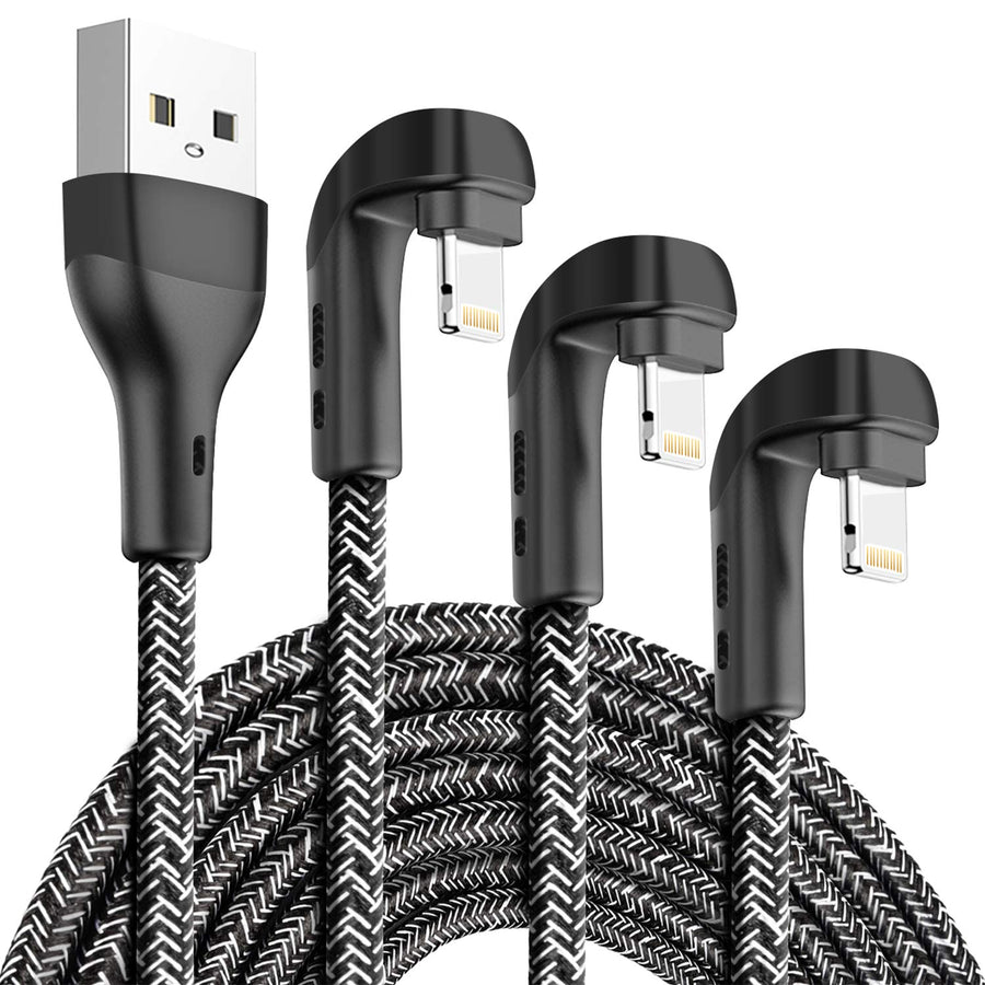 3Pack 90 Degree iPhone Charger 10ft, Apple MFi Certified 10 Feet Lightning Cord Long, Nylon Right Angle 10 Foot Charging Cable for Apple iPhone 14 Pro Max/14/13Pro/12 Mini/11/X/XS/XR/8 Plus/7/6/5/iPad