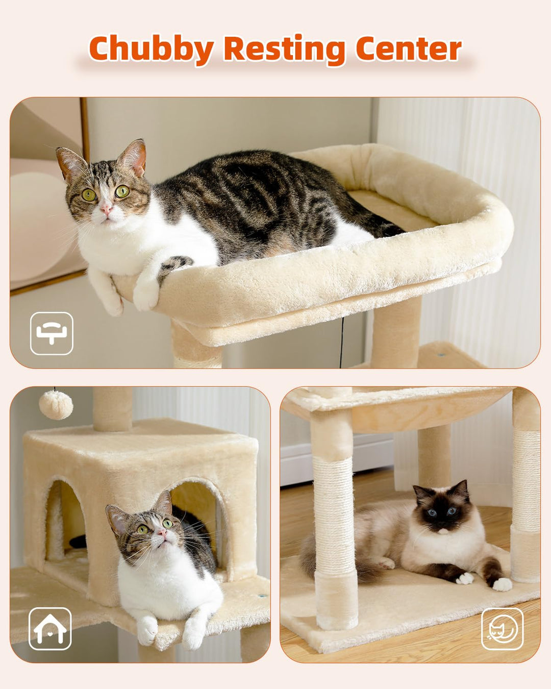 56.3 Inches Multi-Level Cat Tree Cat Tower with Sisal Covered Scratching Posts, Comfort Condo, Extra Large Hammock and Plush Perches Beige