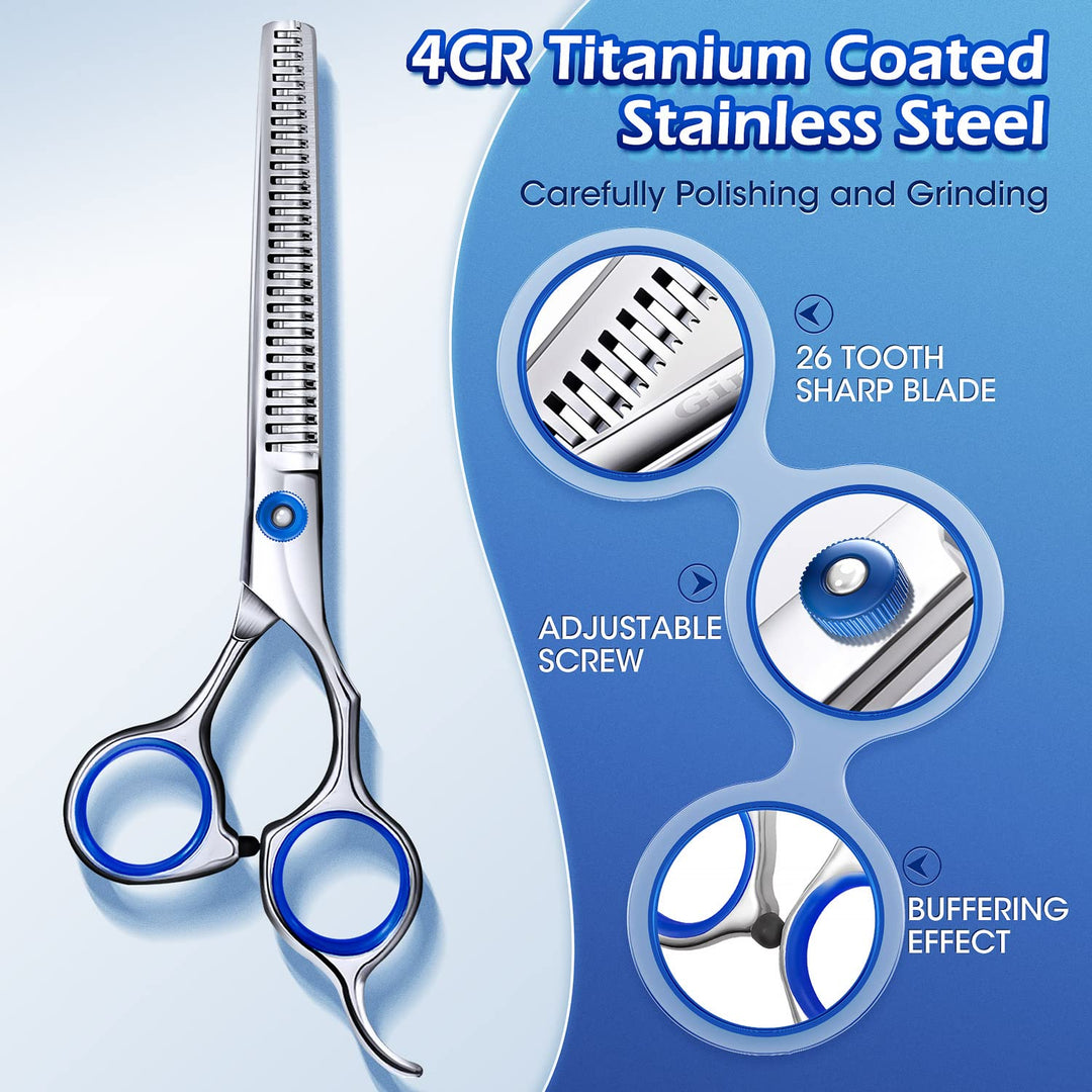 Professional 5 in 1 Grooming Scissors for Dogs 4CR with Safety Round Tip, Heavy Duty Titanium Coated Straight & Thinning & Curved Shears
