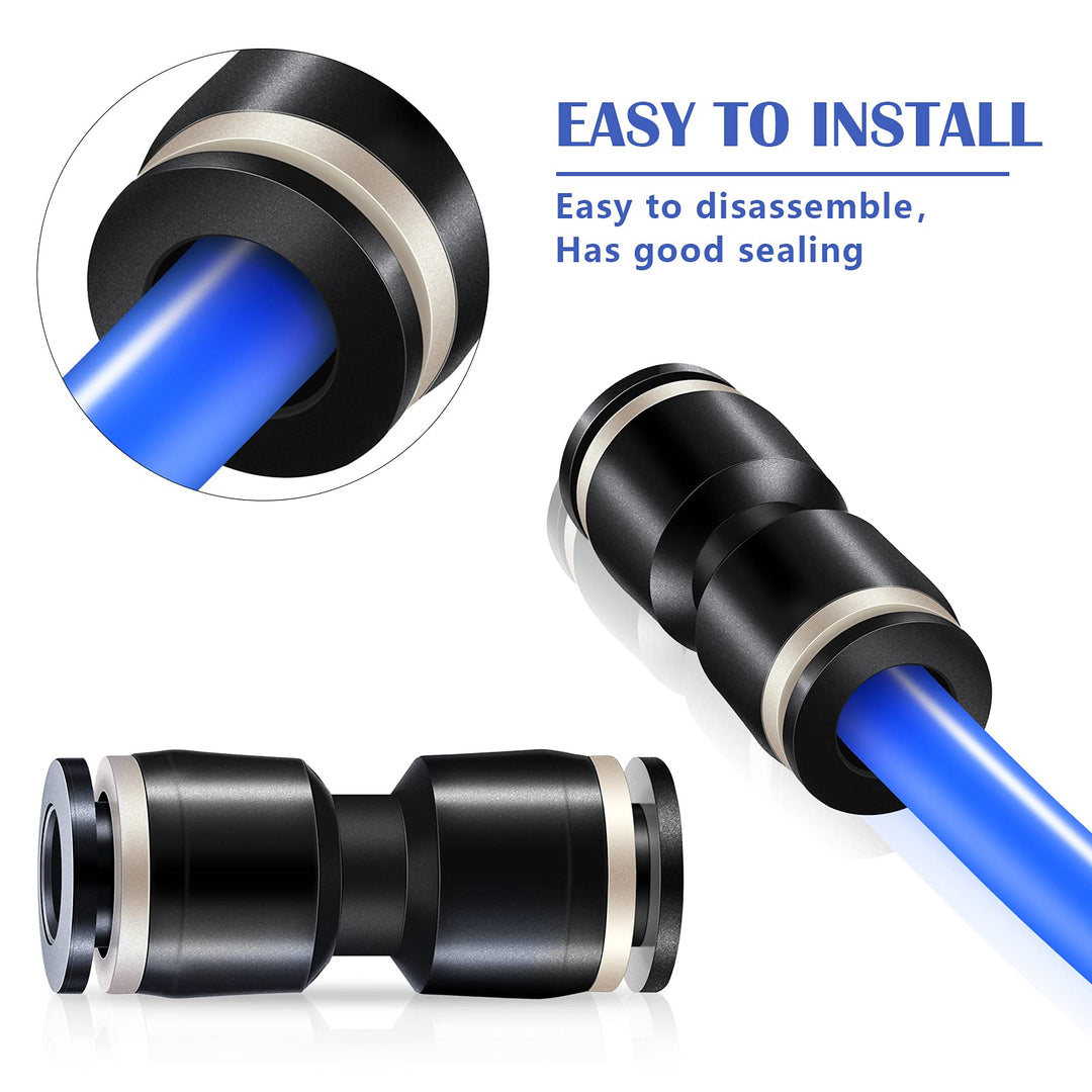 Push to Connect Fittings Air Line Pneumatic Fittings Kit 60 Pieces Quick Release Pneumatic Connectors 15 Splitters 15 Elbows 15 Tee 15 Straight Tubes (Black,1/4 Inch Od)
