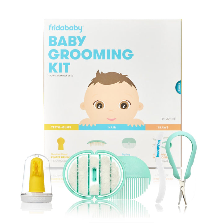 Grooming Kit | Baby Essentials Gift Set Includes Finger Brush with Storage Stand, Hair Brush with Case, Styling Hair Comb, Easy Grip Nail Scissors with Nail File and Case