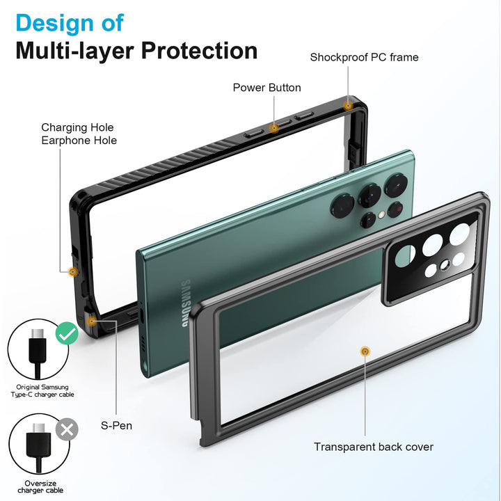 for Samsung Galaxy S22 Ultra Case Waterproof, Built in Screen Protector 360° Full Body Heavy Duty Shockproof IP68 Waterproof Galaxy S22 Ultra Case for Samsung S22 Ultra 5G 6.8 inch Black