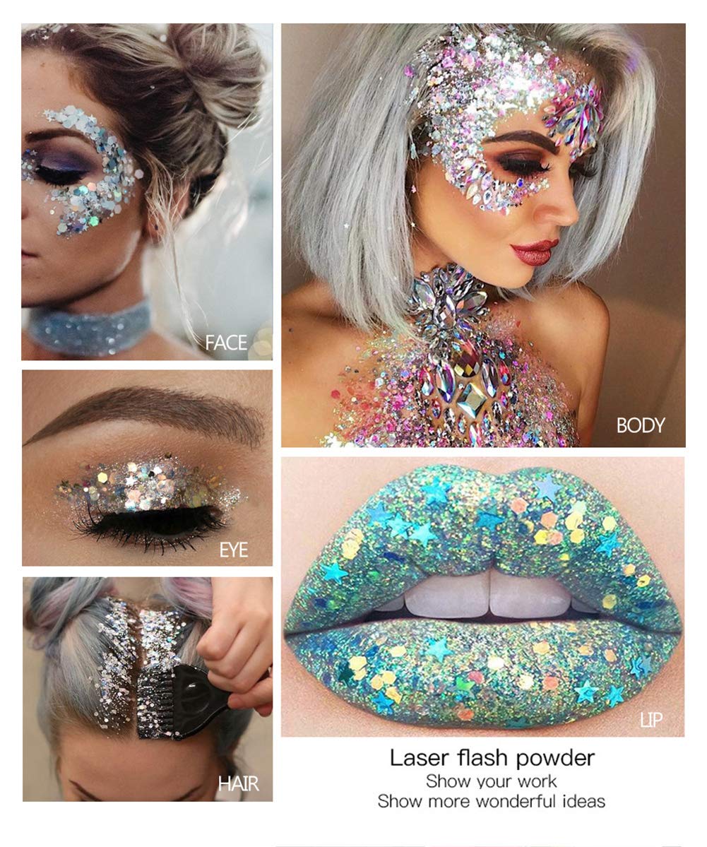 Mermaid Sequins Chunky Glitter Liquid Eyeshadow Glitter Body Gel Festival Glitter Cosmetic Face Hair Nails Makeup Long Lasting Sparkling 30g (#09 White)
