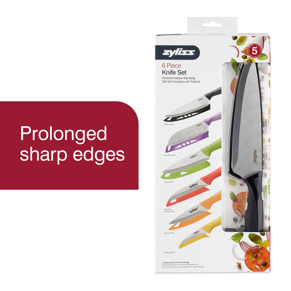 6 Piece Knife Value Set - Gifts for Cooks - Culinary Chef Gift - Kitchen Knife Set with Sheath Covers - Chef's, Santoku, Utility, Serrated Paring, Paring & Peeling Knives - Stainless Steel