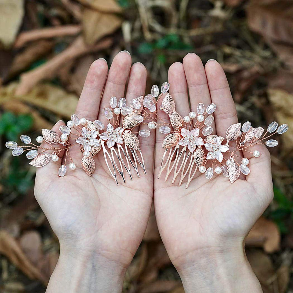 Leaf Bride Wedding Hair Combs Flower Bridal Hair Piece Pearl Rhinestone Hair Accessories for Women and Girls (Pack of 2) (Rose Gold)