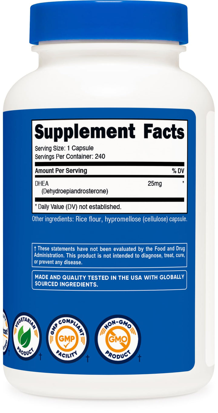 DHEA 25mg, 240 Capsules - Gluten Free, Soy Free, Non-GMO, Supplement
