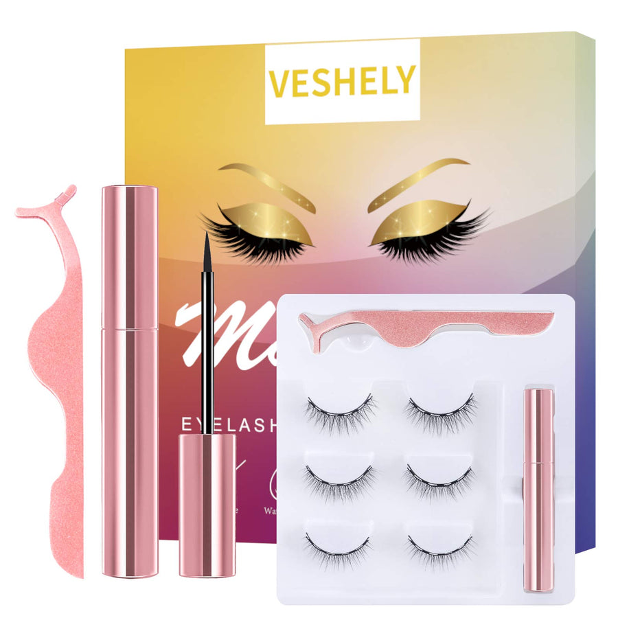 Natural Magnetic Eyelashes with Eyeliner,3 Pairs Natural Look False Lashes Kit,3D Short Magnetic Eyelash Set - No Glue Needed